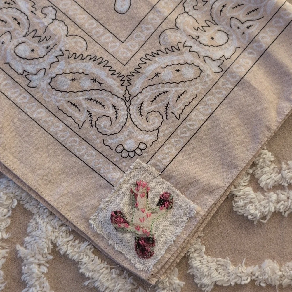 Bandana scarf w cactus, upcycled, embroidery cactus patch, Pick 1 HANDMADE ITEM - Picture 10 of 16
